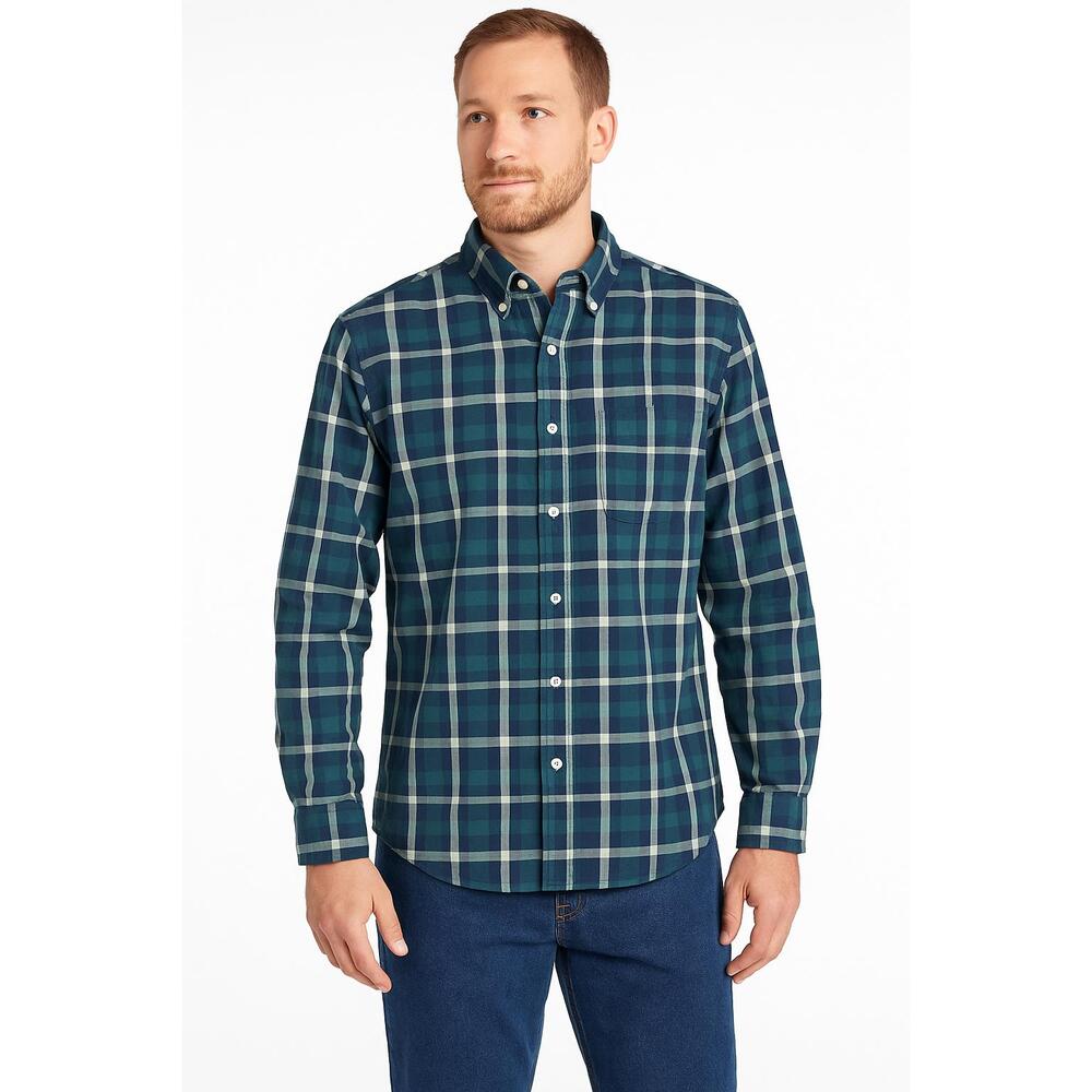 LLBean‎ Shirt Mens Large Regular Blue Plaid Buttonup Collared Organic Cotton